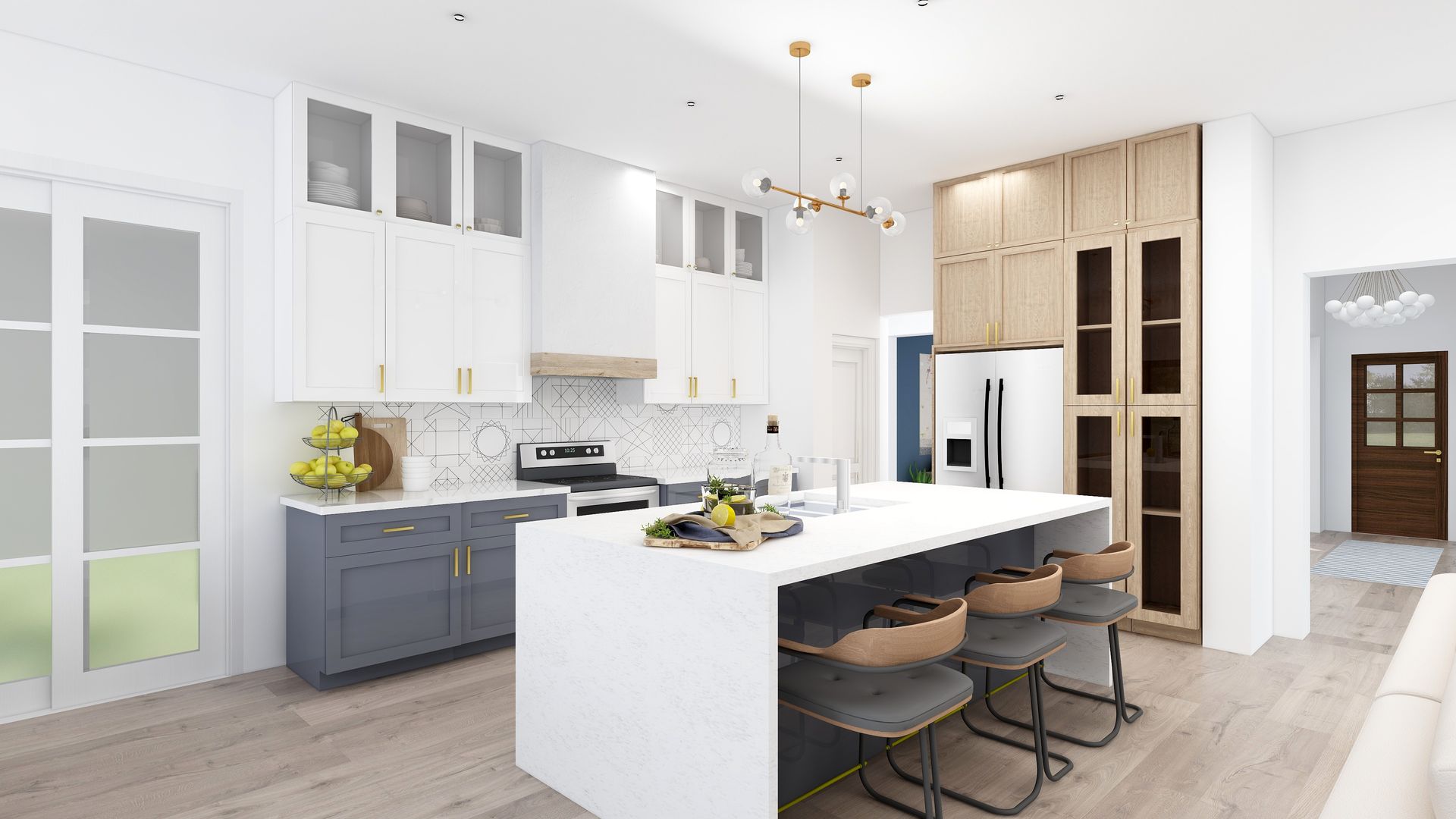 modern white and blue kitchen waterfall counters white oak cabinets dallas texas interior designer