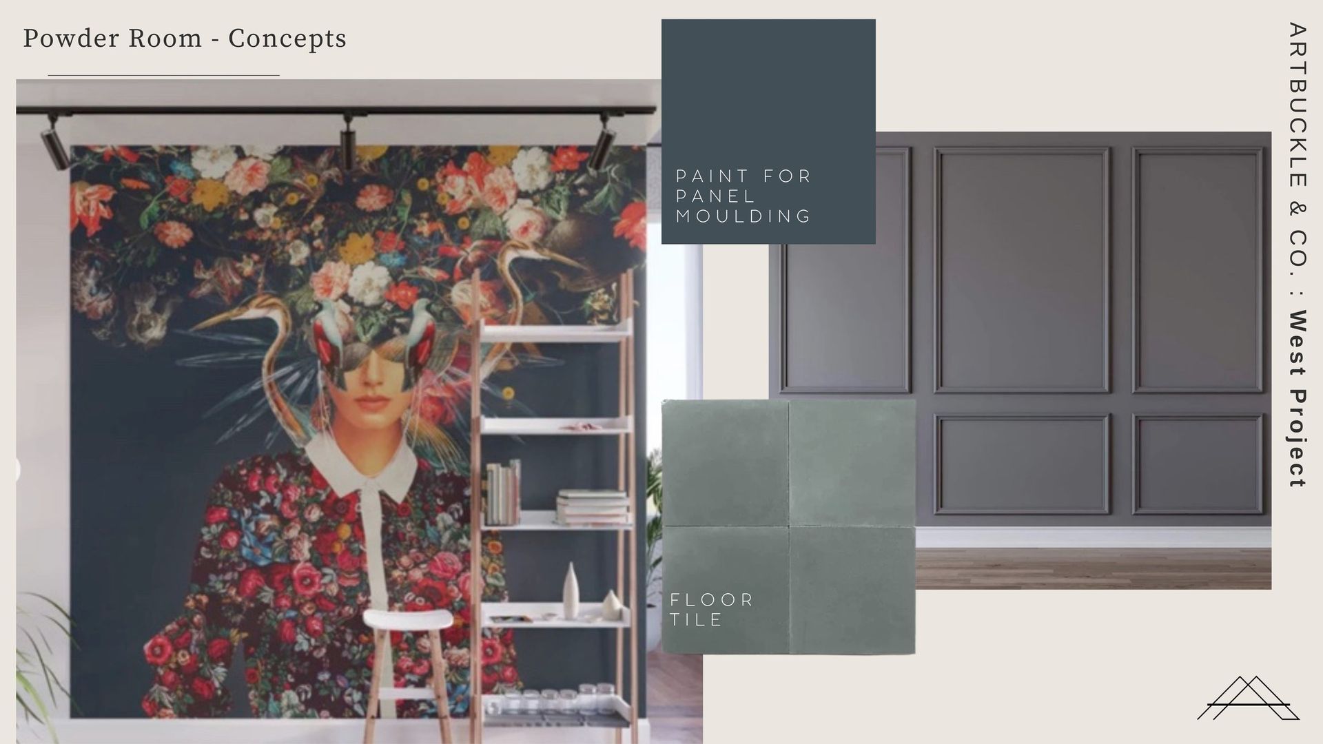 There is a picture of a woman with flowers on her head on the wall.