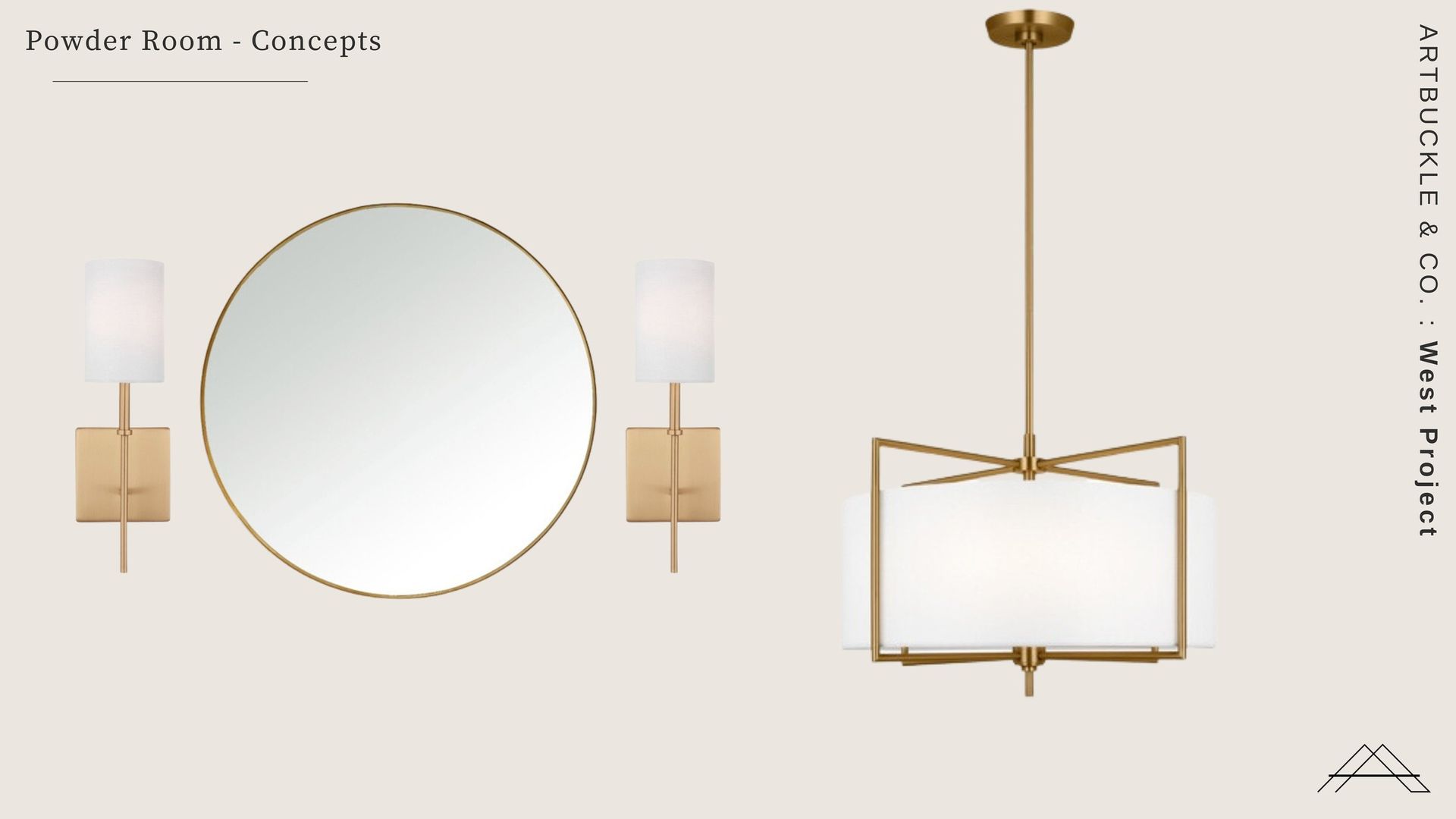 A picture of a round mirror and a pendant light