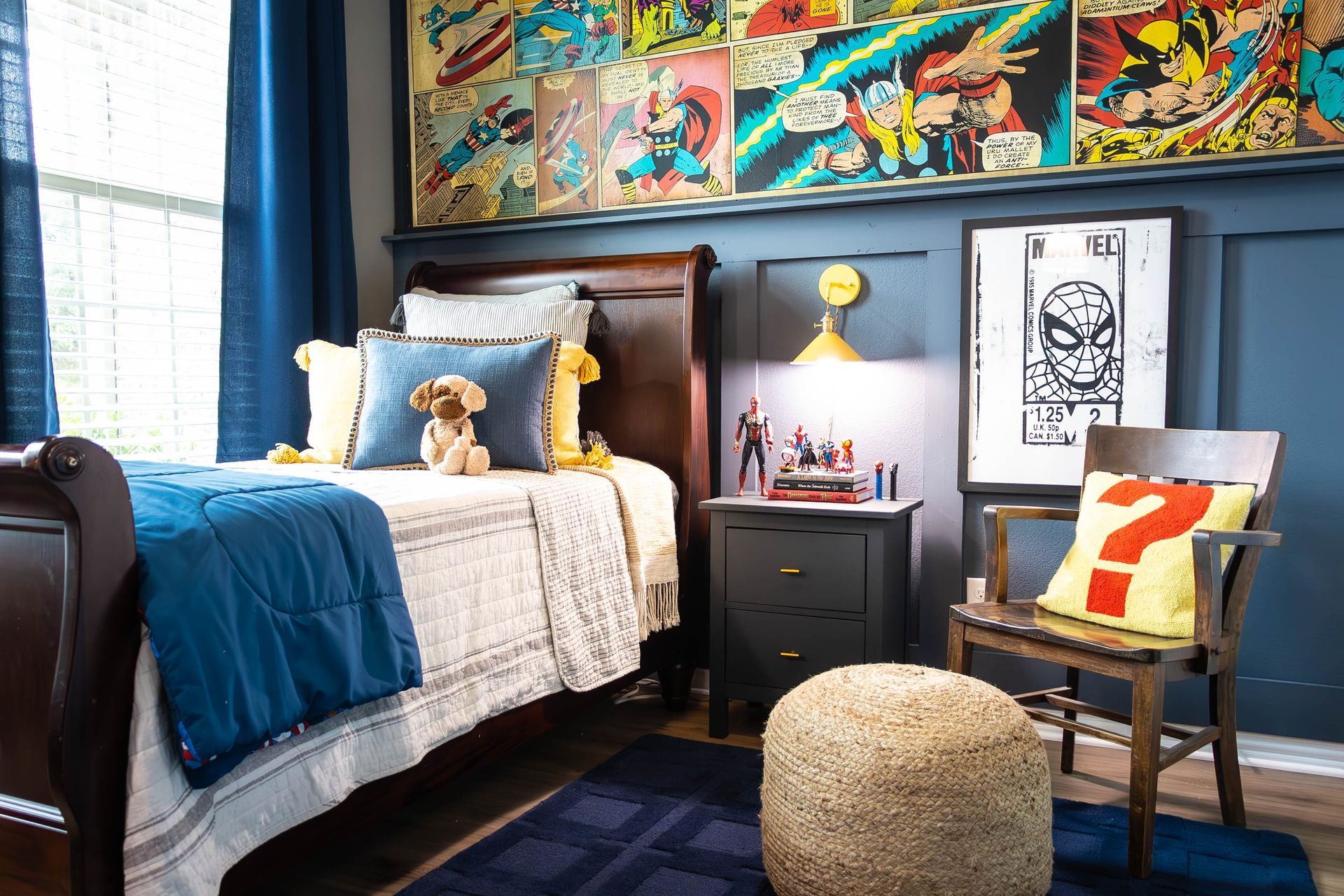 A bedroom with a bed , nightstand , chair and ottoman.