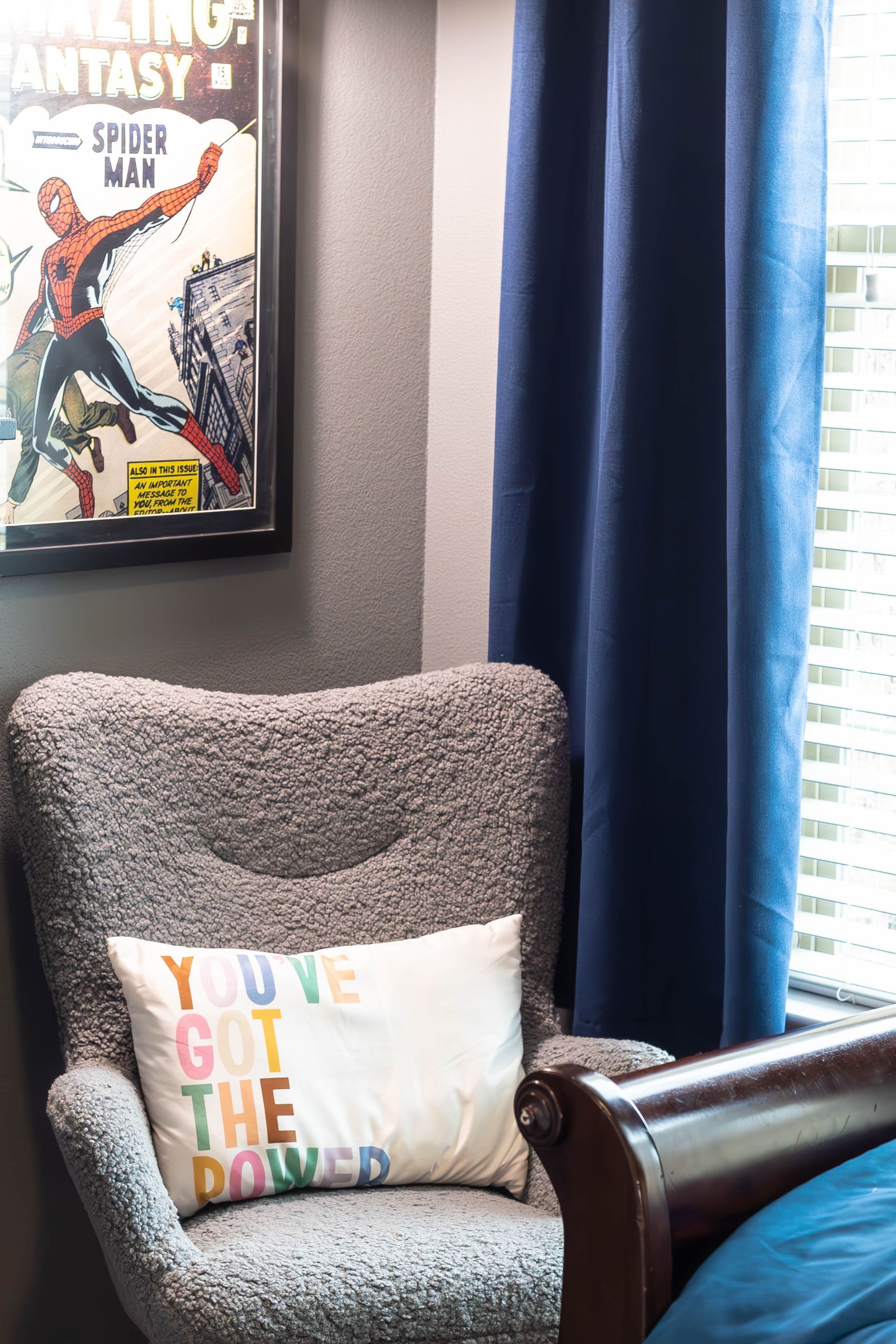 A chair with a pillow that says `` you 've got the power ''