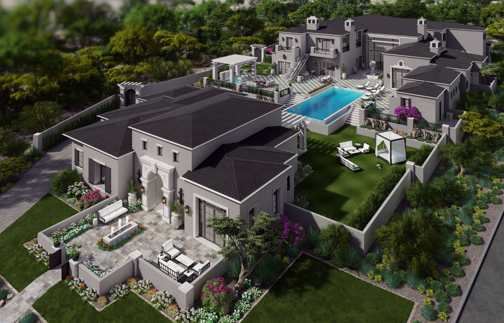 A large house with a swimming pool in front of it