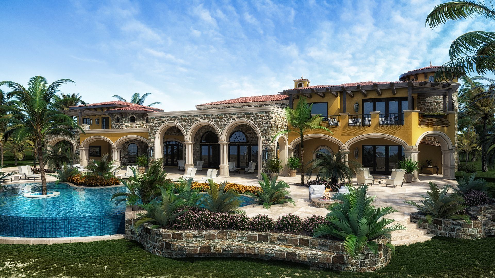 A large house with a swimming pool in front of it