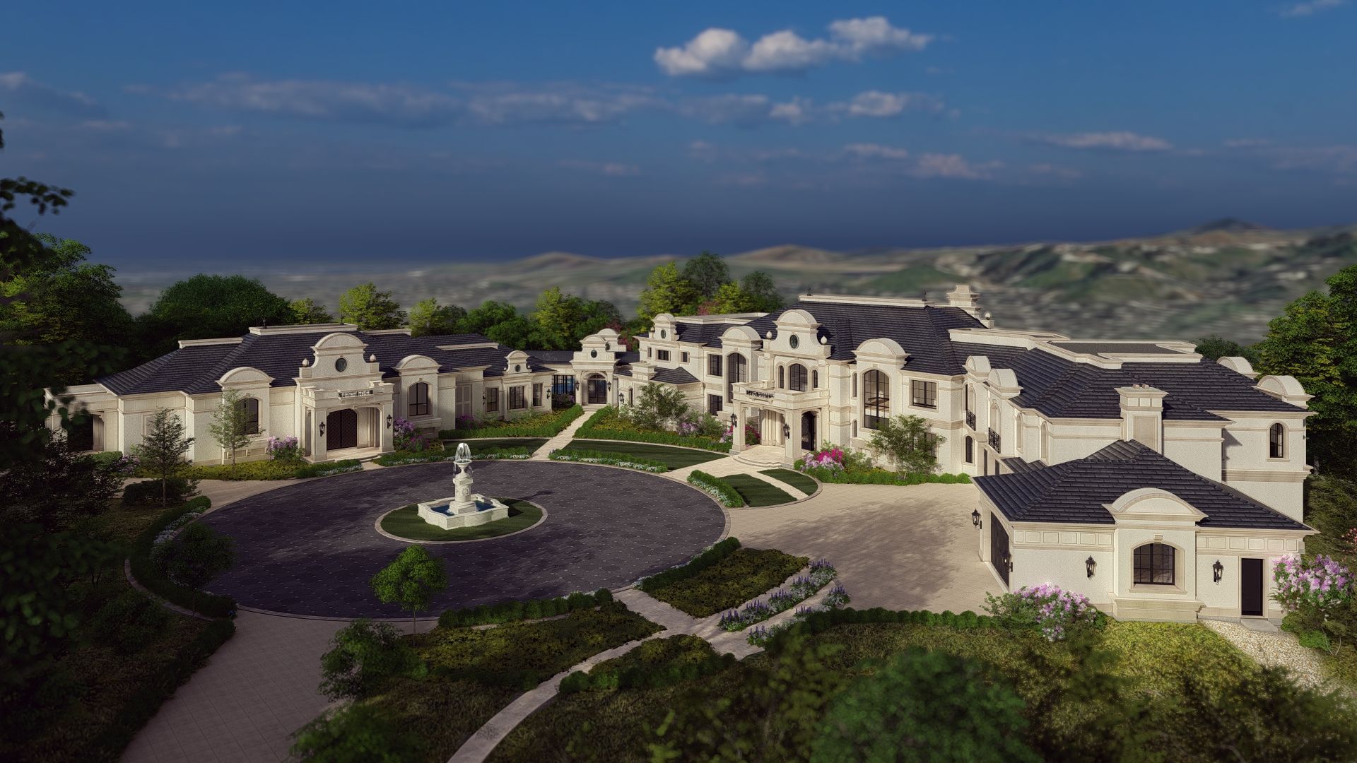 A living room with a large chandelier hanging from the ceiling.