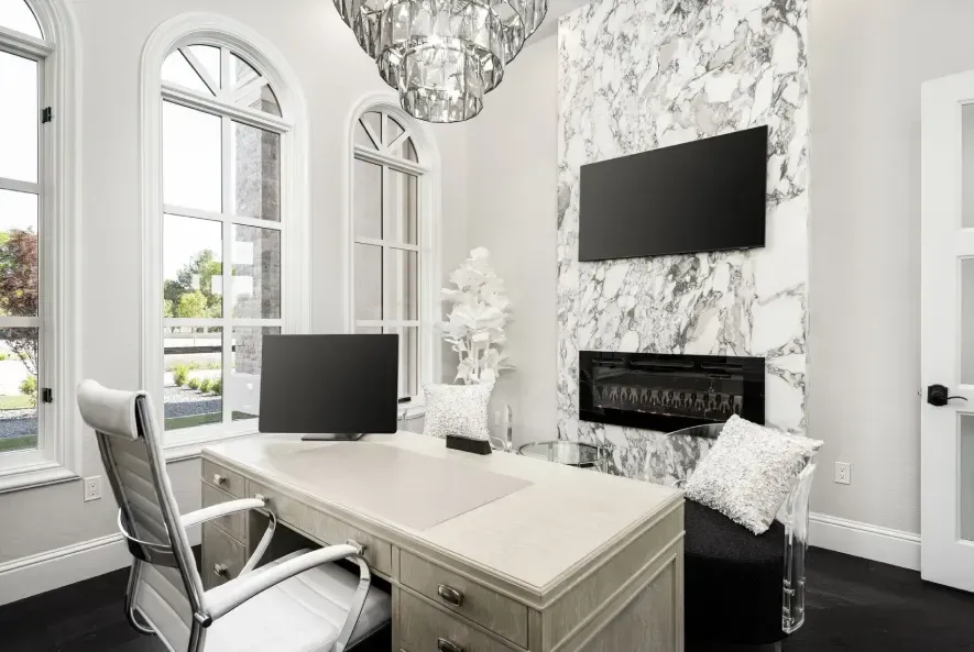 Classic home office with fireplace and timeless decor
