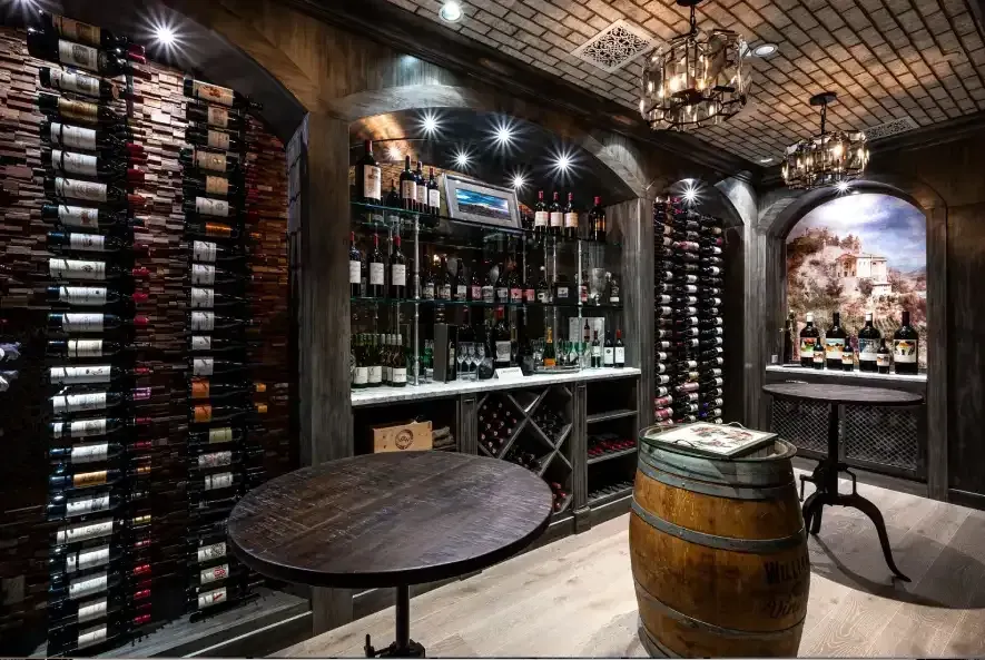 Glass wine cellar and tasting lounge in luxury estate