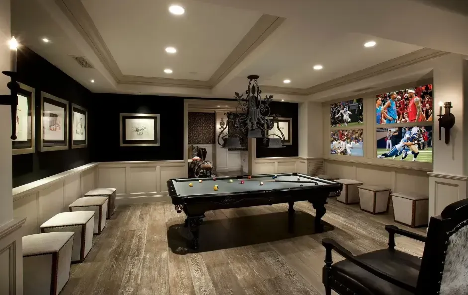 Elegant billiards room with custom pool table and lighting