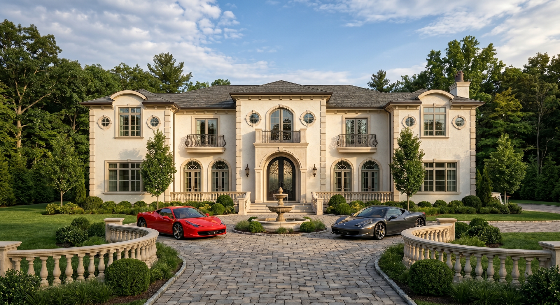 mediterranean luxury home with  super cars on circular driveway