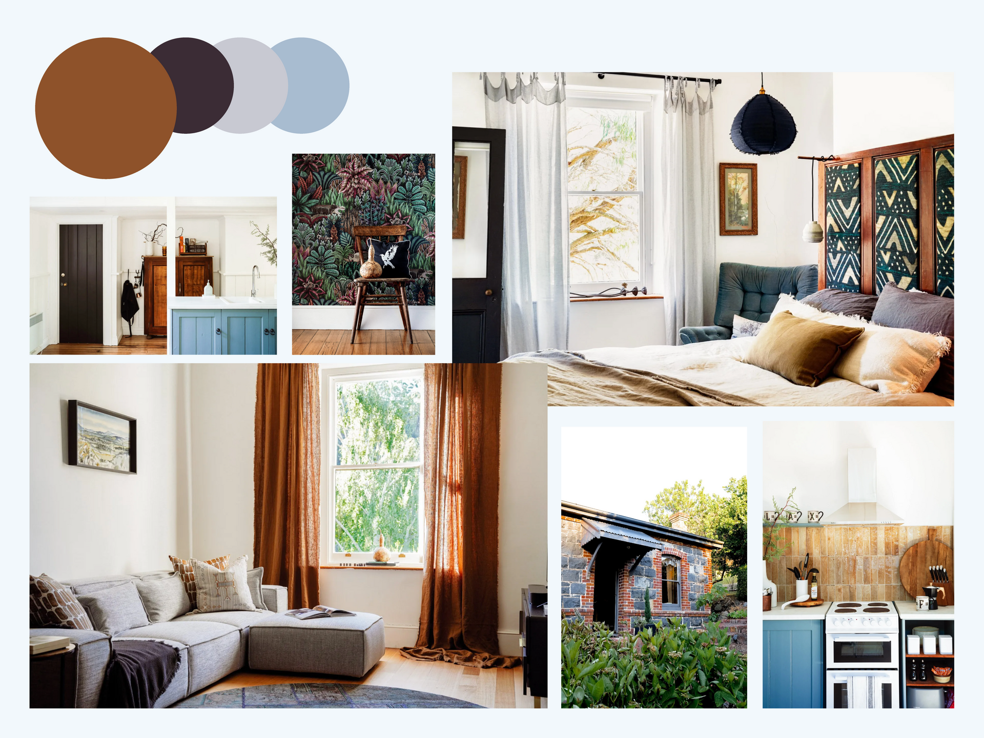 a brand moodboard showing colour pallete and a collage of pictures shows a living room a bedroom and a kitchen