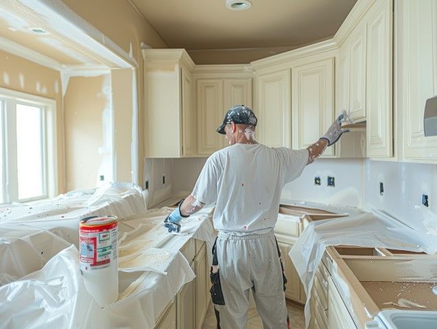 A man is painting cabinets in a kitchen.