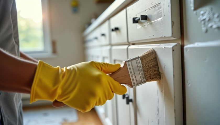 A person wearing yellow gloves is painting a cabinet with a brush.