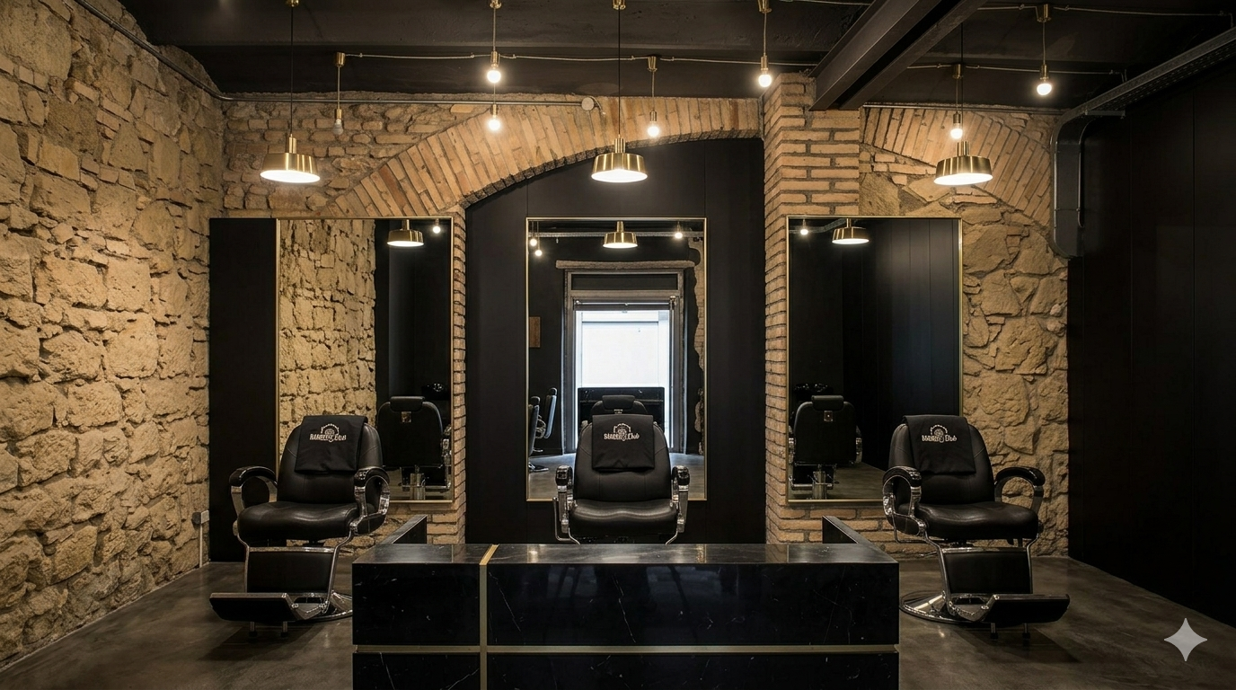 Barbiere moderno con tre poltrone nere addossate a pareti in pietra e lampade a sospensione dai colori caldi.