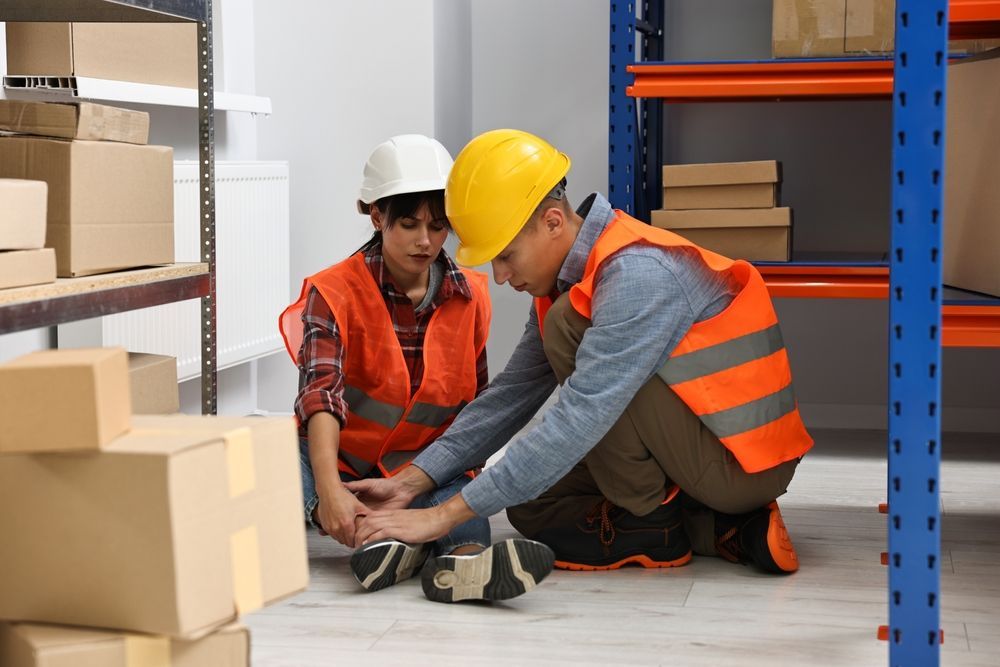 Two Warehouse Workers Check the Injured Ankle of One — Dwyer Law Group in Surfers Paradise, QLD