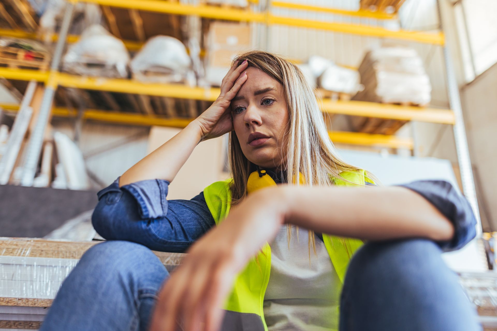 Woman in Safety Vest and Jeans With Head in Hand — Dwyer Law Group in Surfers Paradise, QLD