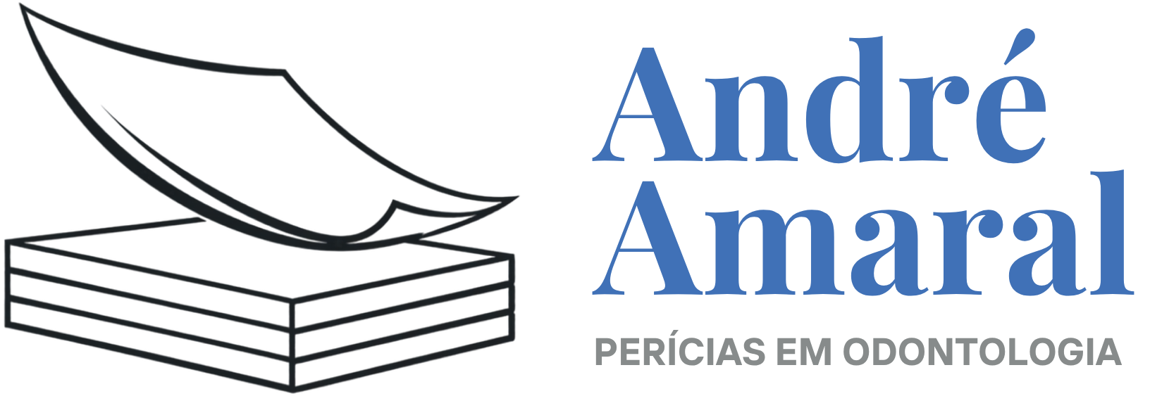 Logo de André Amaral Perícias em Odontologia, com livro e pena em azul claro e preto.