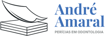 Logo de André Amaral Perícias em Odontologia, com livro e pena em azul claro e preto.