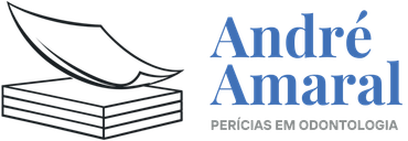 Logo de André Amaral Perícias em Odontologia, com livro e pena em azul claro e preto.