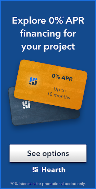 Blue ad for Hearth offering 0% APR financing, with orange card and “See options” button.