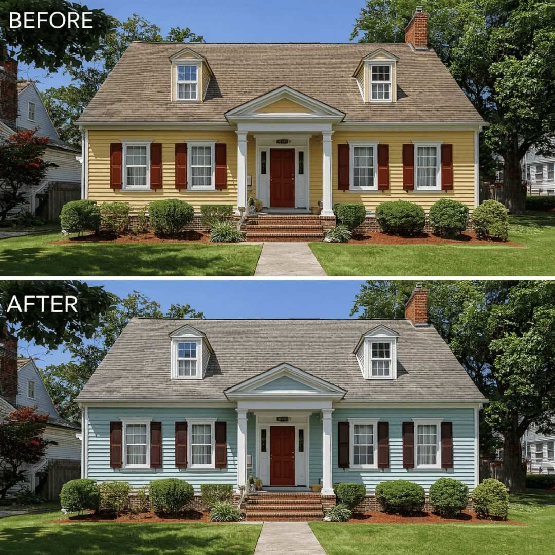 Before and after: full house exterior repaint on a cedar clapboard colonial, Madison, CT. Full wood repair scope completed before painting began.
