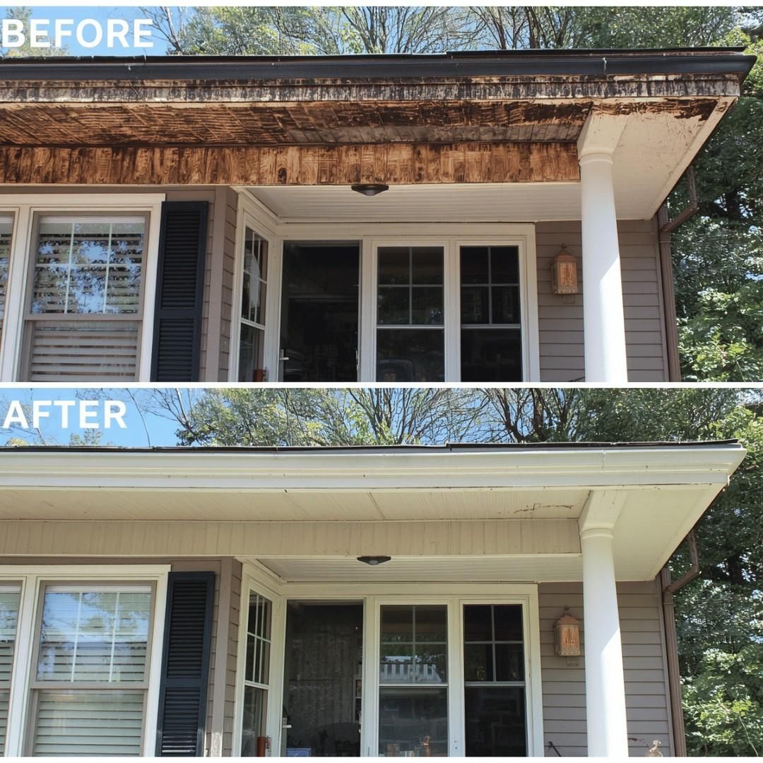 Before and after: rotted fascia replacement on a cedar clapboard colonial, Madison, CT.