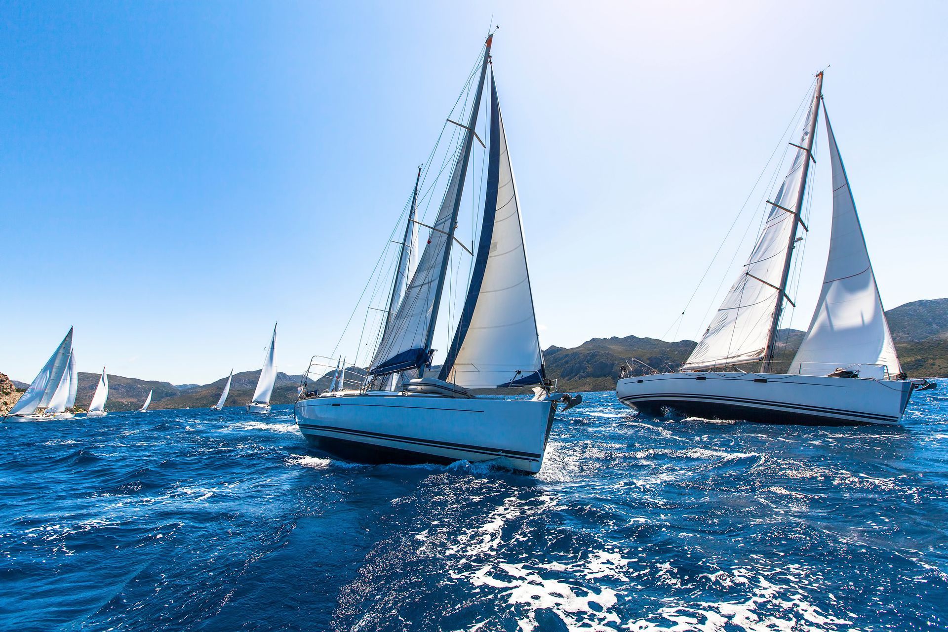 Eine Gruppe Segelboote segelt auf dem Meer.