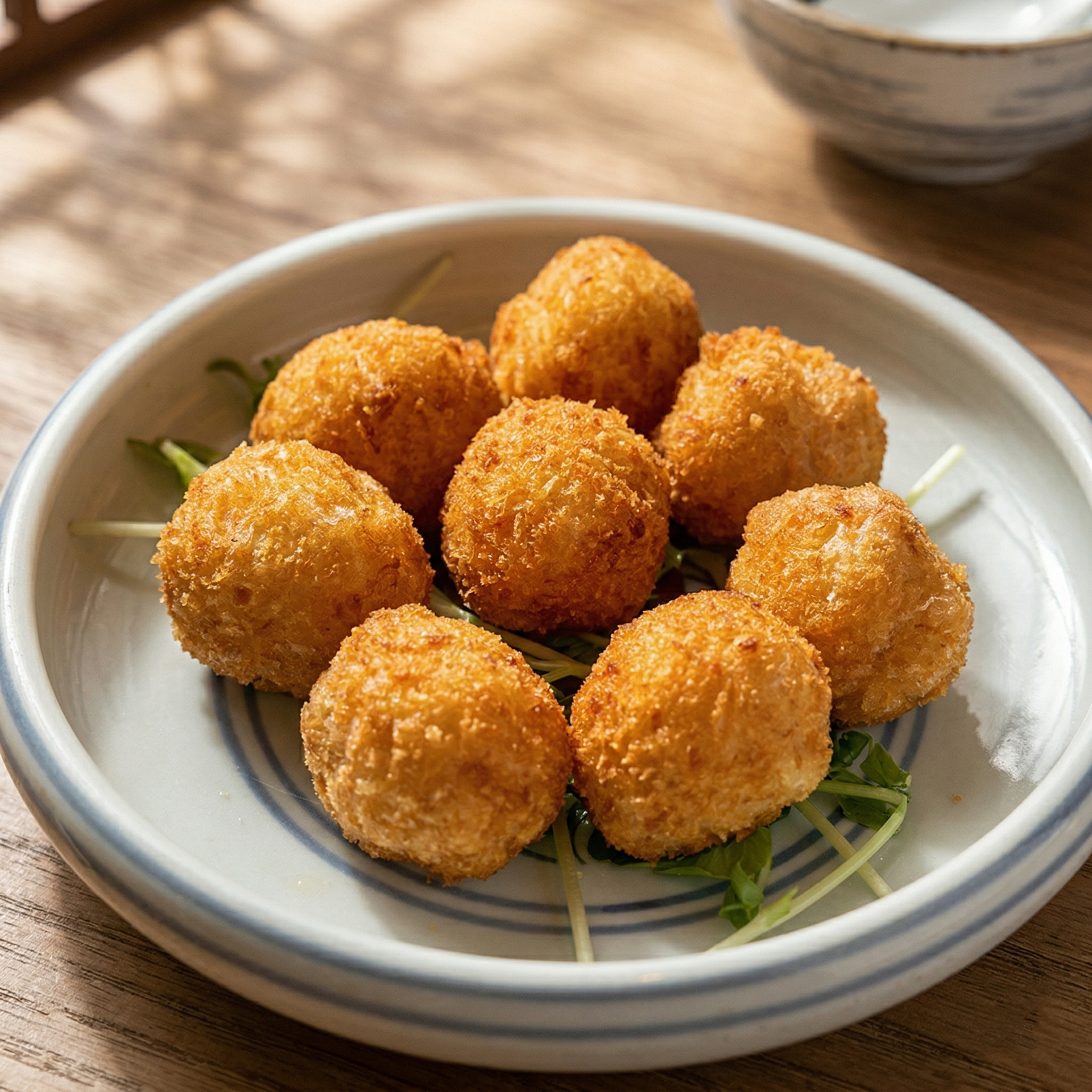 A plate of crispy, golden-brown fried croquettes served on top of fresh green sprouts on a wooden table.