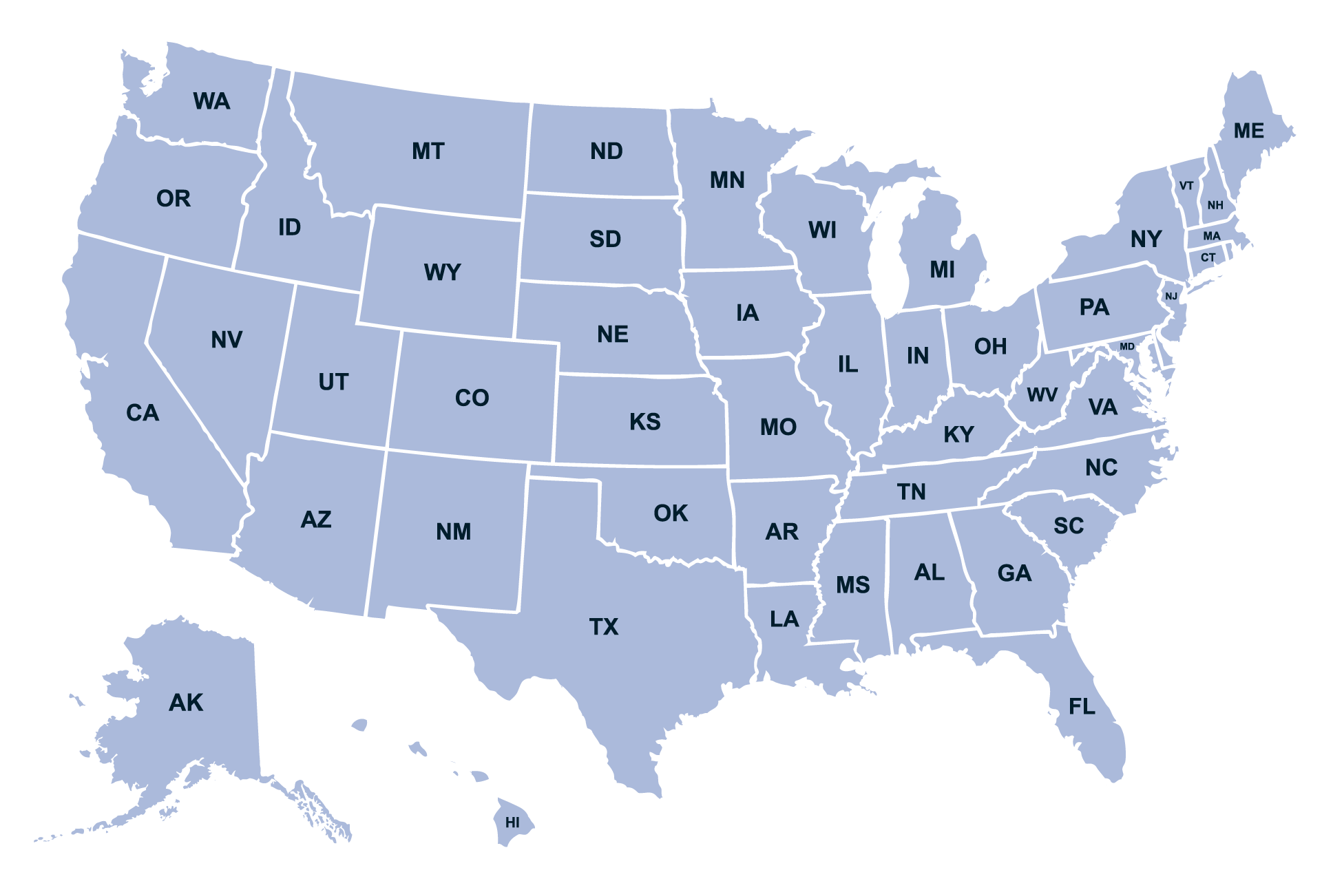 A blue map of the united states with the states labeled