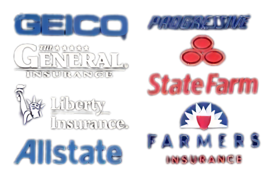 Logos of several insurance companies including Geico, Progressive, and State Farm.