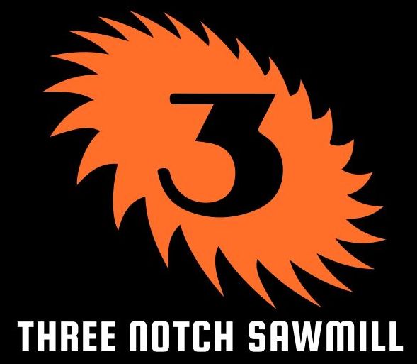 An orange and black logo for three notch sawmill