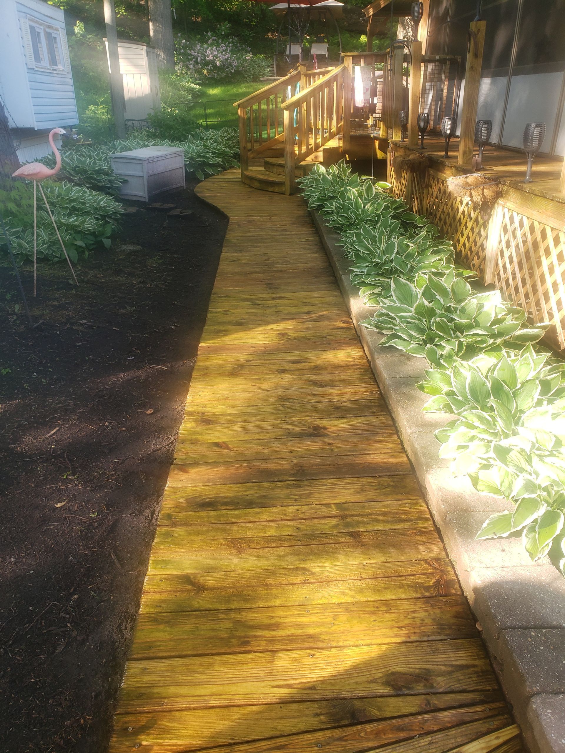 Wooden pathway through a garden with green and white plants, leading to a deck.