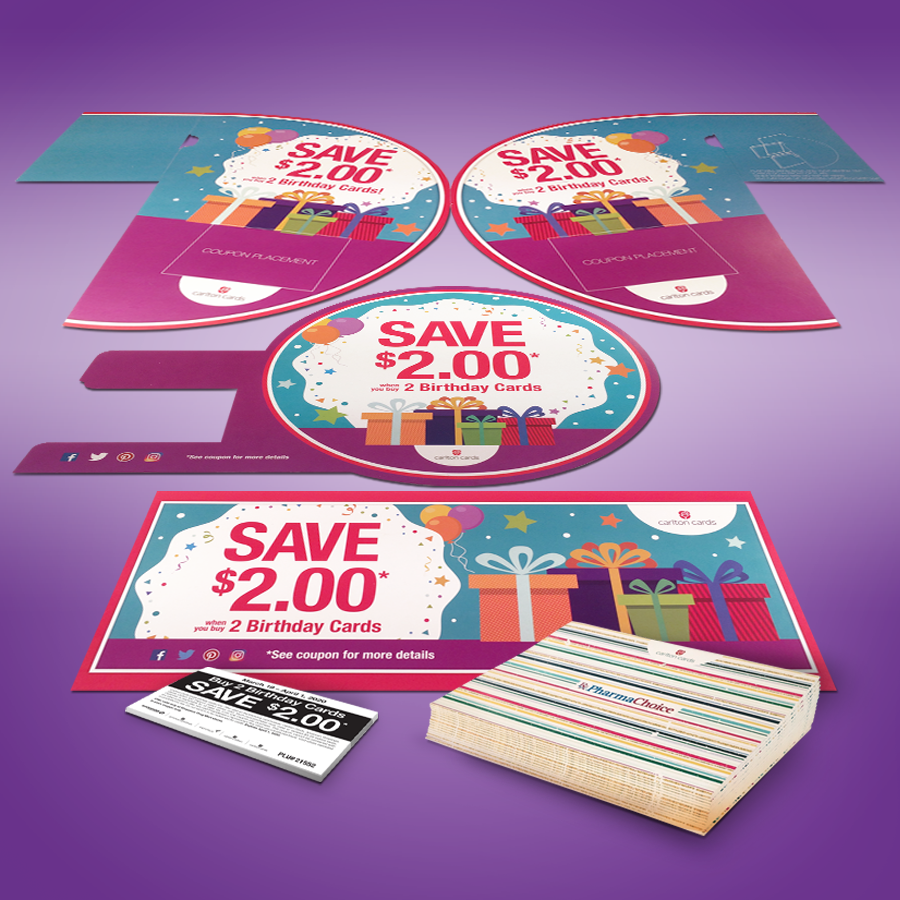A purple background with a bunch of cards and a sign that says `` save $ 2.00 ''