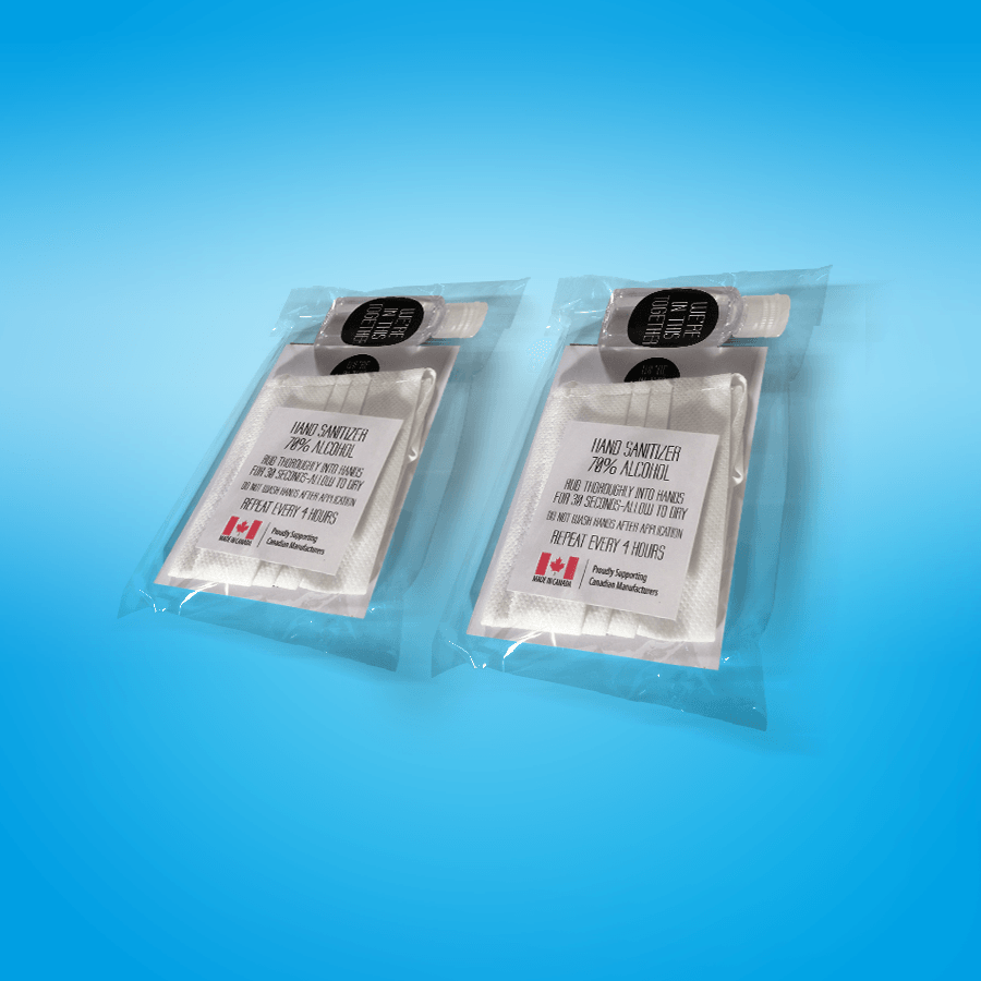 Two plastic bags with labels on them are sitting on a blue surface.