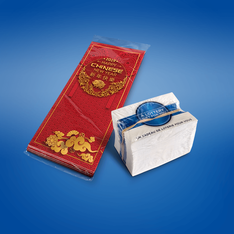 A red envelope and a box of tissues on a blue background.