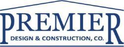 Logo for Premier Design & Construction, Co. in blue letters, under a house-shaped roofline.