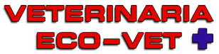 Logotipo de Veterinária Eco-Vet con texto en mayúsculas rojas y un pequeño símbolo de cruz azul a la derecha.