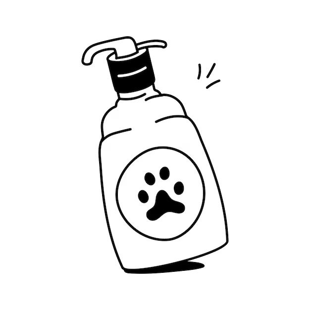 Un dibujo lineal en blanco y negro de una botella de jabón o champú con dosificador, que muestra un icono de huella de pata en la parte frontal.