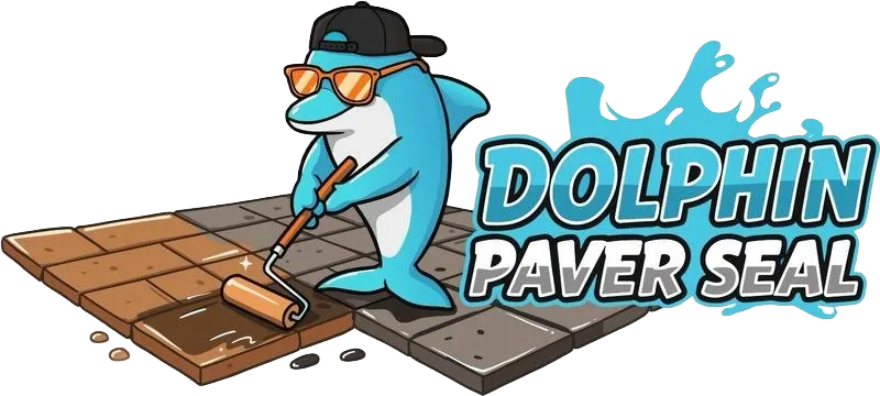 Cartoon dolphin wearing sunglasses and a backward cap sealing pavers with a roller, logo for Dolphin Paver Seal.