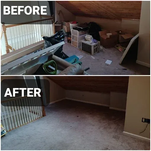 Before and after photos of a cluttered attic transformed into a clean, empty room with carpet.