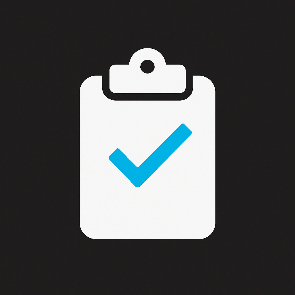 Clipboard with a blue checkmark, on a black background.