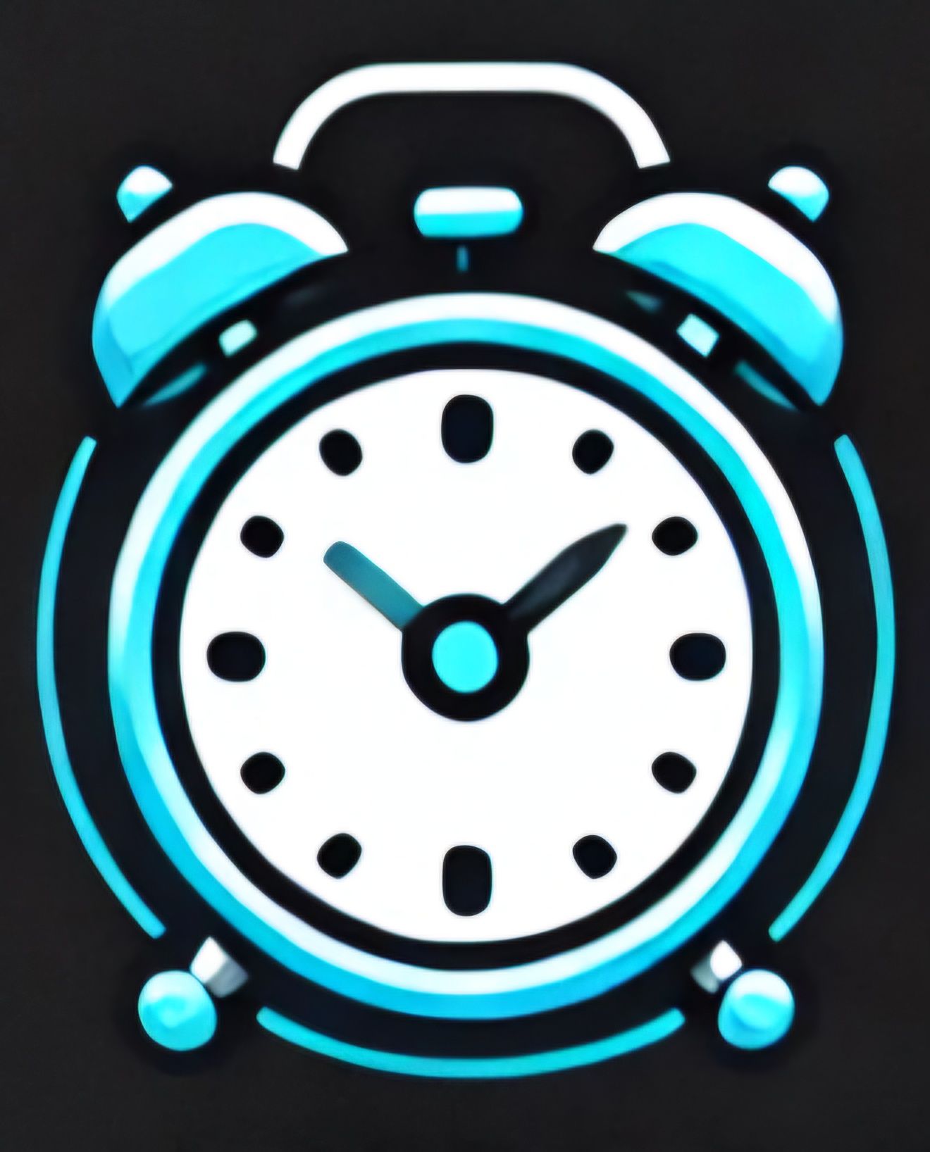 Blue and white alarm clock icon on a dark background.