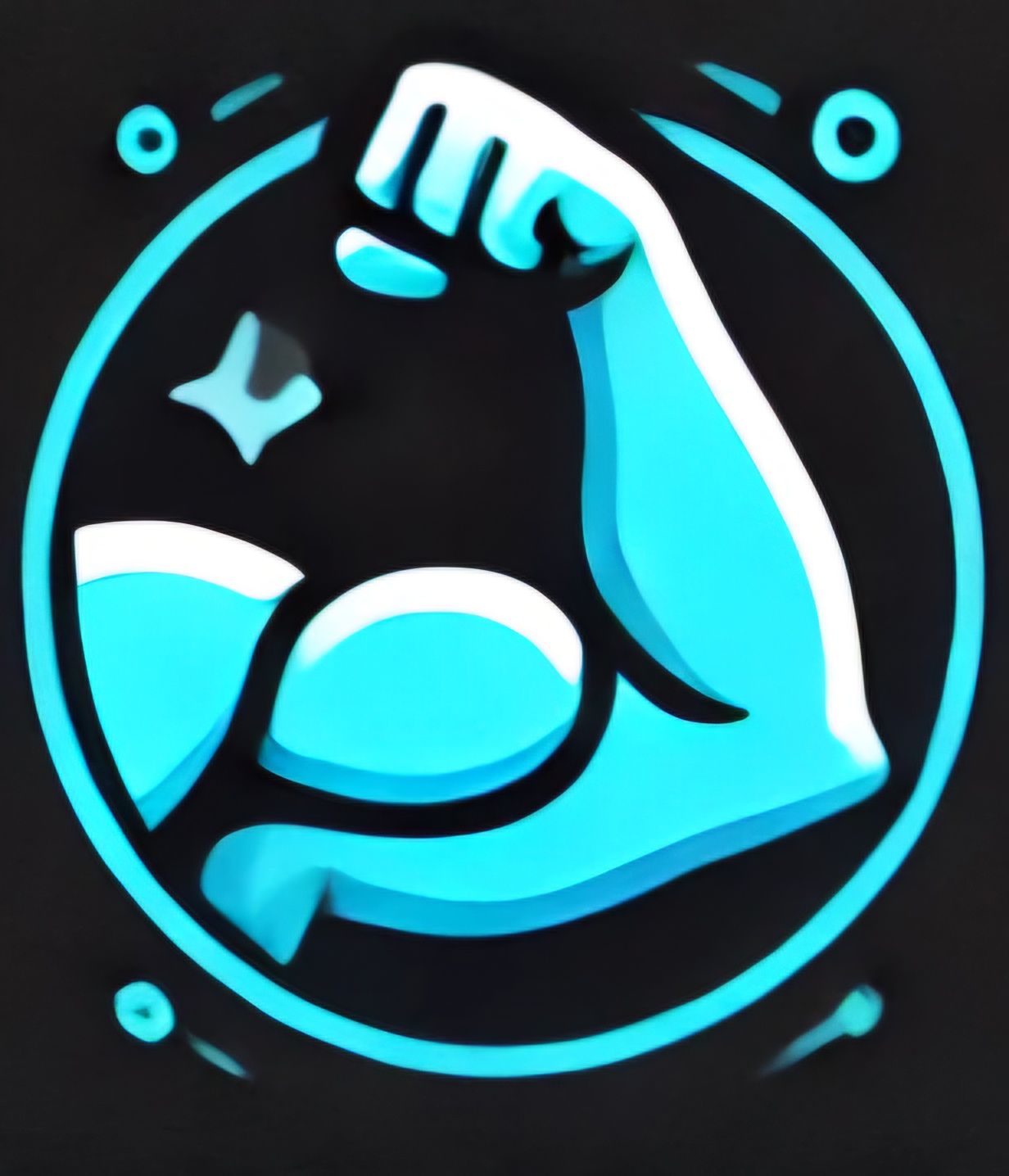 Blue muscular arm flexed inside a circular frame, with starburst graphic.