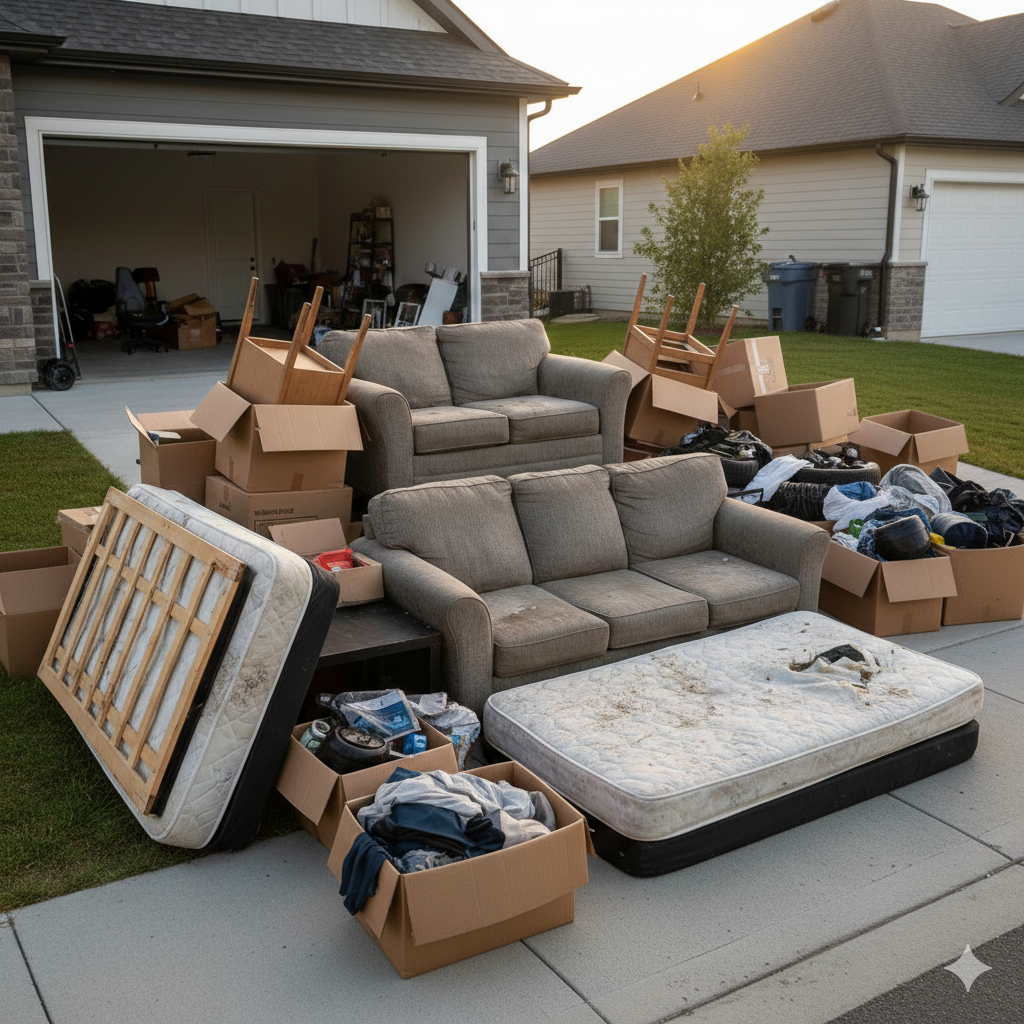 Curb-side pile of discarded furniture and boxes, including a mattress, sofas, and cardboard boxes, in front of a house.