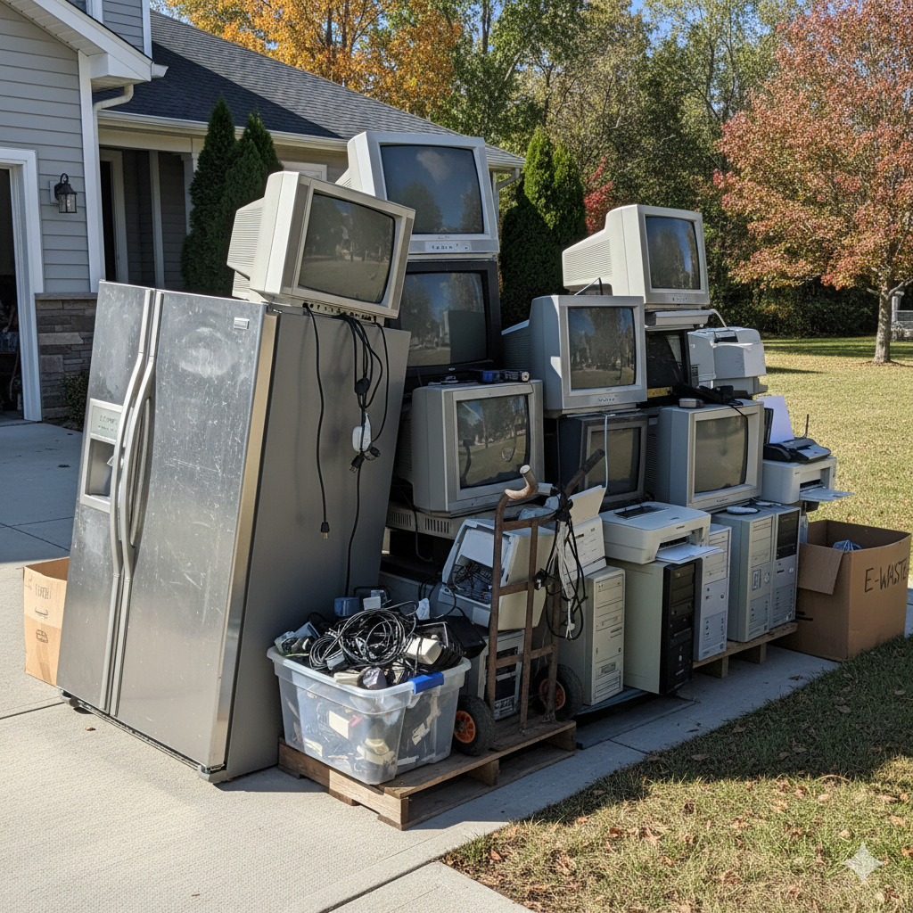 Pile of old electronics including CRT monitors, computers, and a refrigerator on a wooden pallet in a yard.