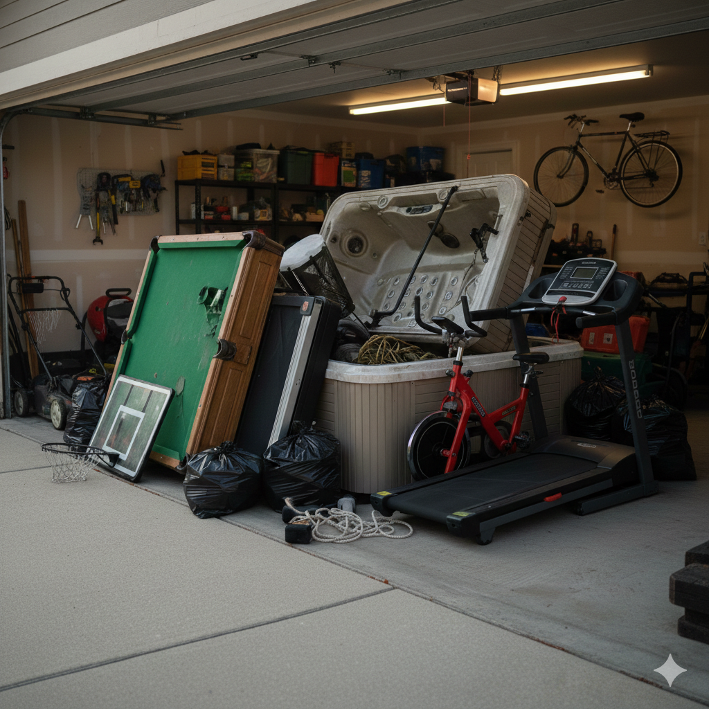 Cluttered garage with pool table, treadmill, hot tub, bike, and various items.