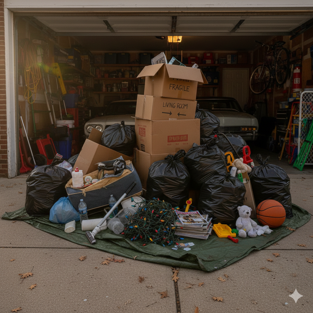Pile of boxes, bags, and items sits in a garage. Contains trash bags, boxes, a car, and sports equipment.