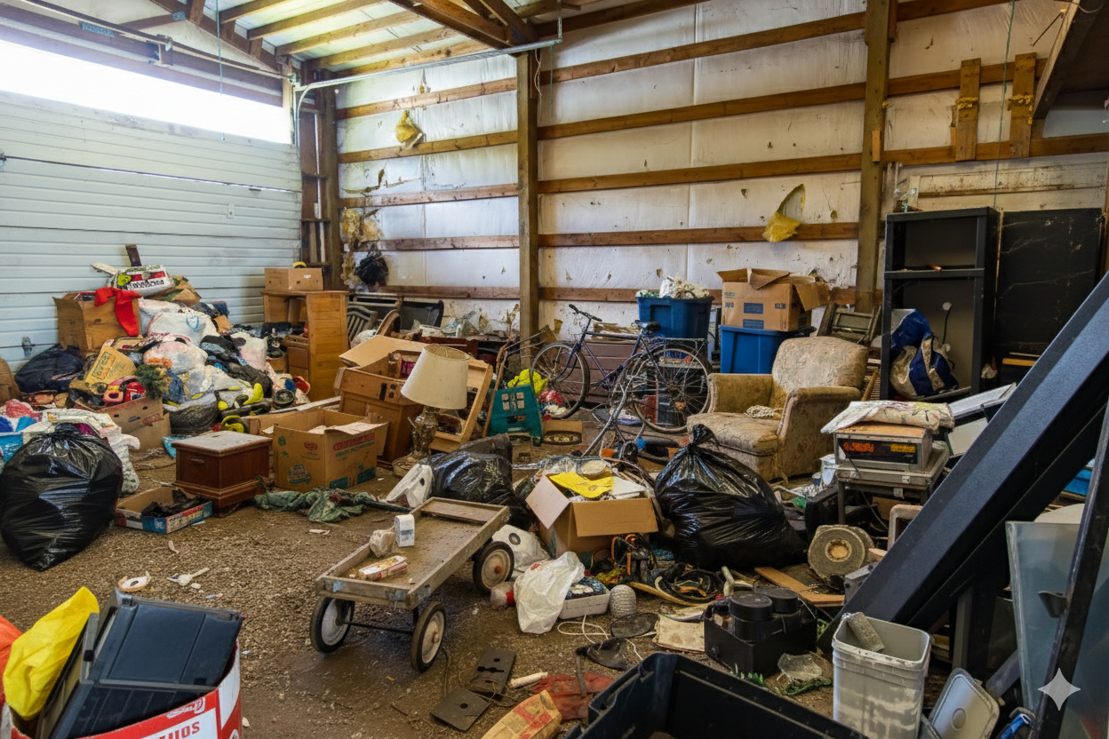 Cluttered storage building with boxes, trash bags, and various items strewn about.