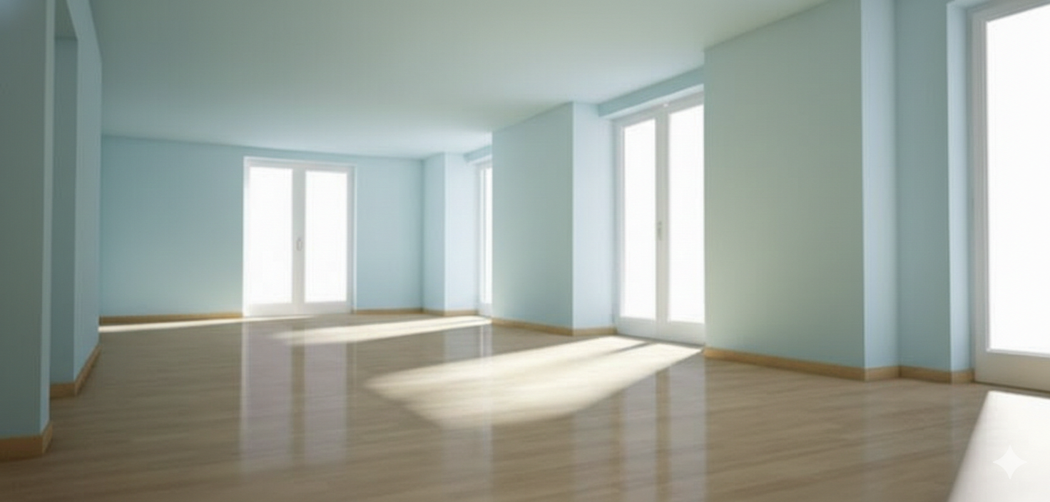 Empty, light-blue room with bright sunlight streaming through tall windows, highlighting a shiny wooden floor.