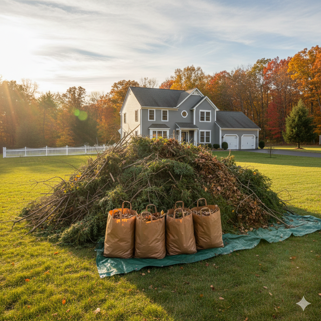 A large pile of yard waste and four paper bags on a green tarp in a yard with a house in the background.