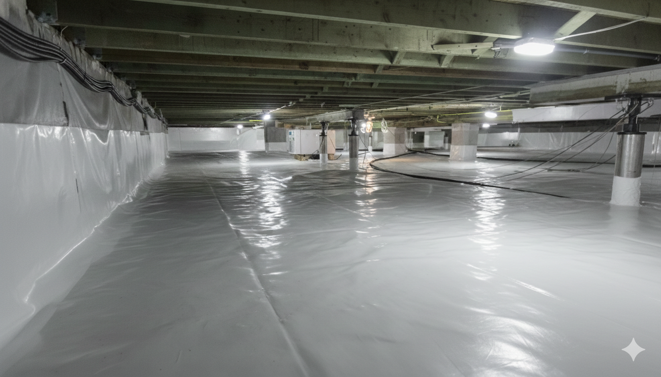 Crawl space encapsulated with white plastic sheeting on walls and floor, under a house.