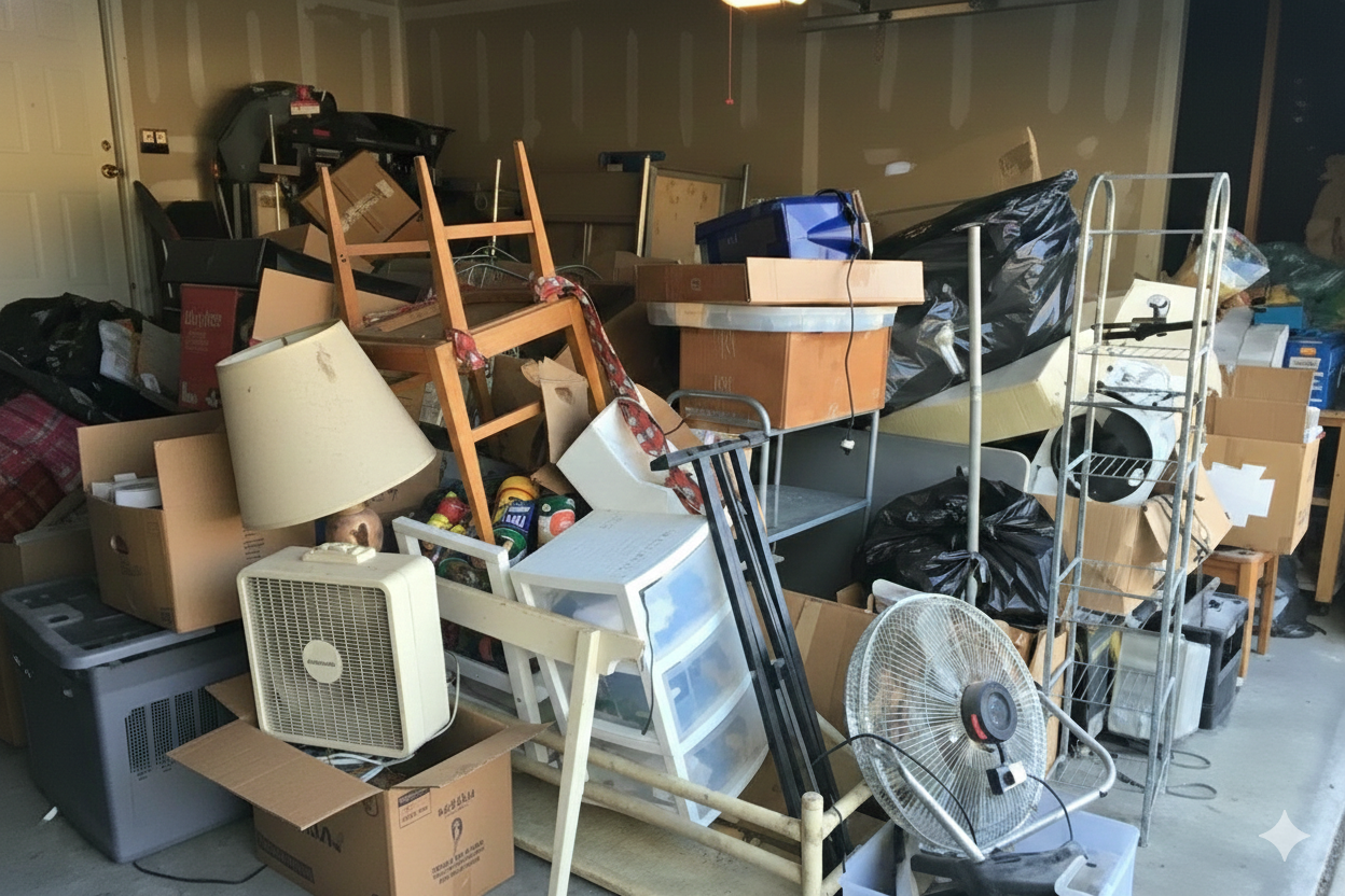 Cluttered garage with boxes, furniture, and various items piled haphazardly.